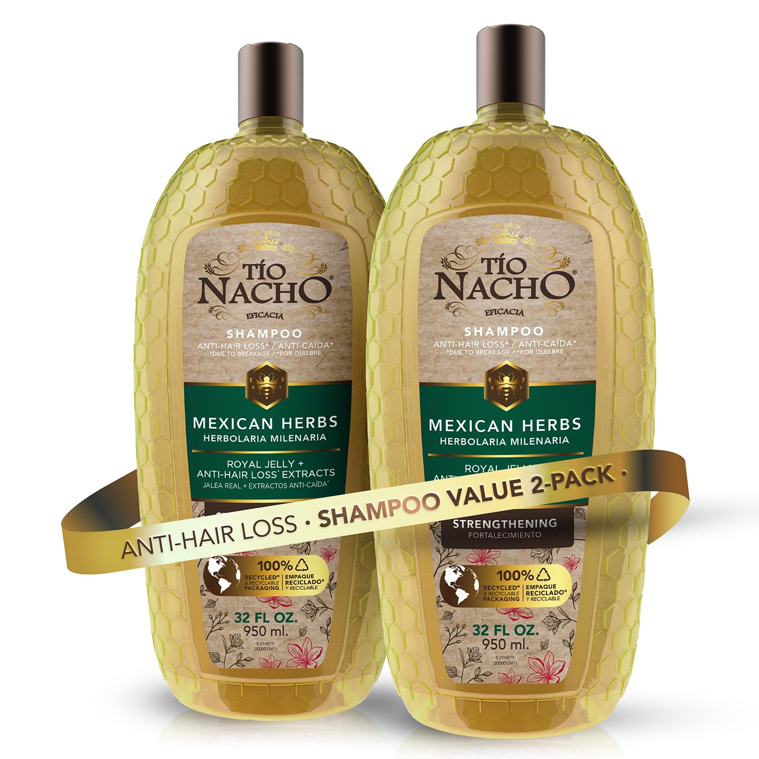 Tío Nacho anti-hair-loss shampoo bottle with royal jelly and rosemary for nourishing scalp.