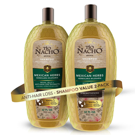 Tío Nacho anti-hair-loss shampoo bottle with royal jelly and rosemary for nourishing scalp.