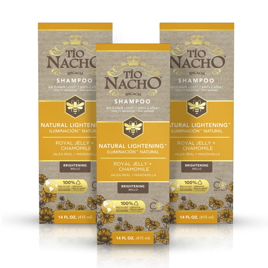 Tio Nacho Natural Lightening Shampoo bottle pour promoting brighter blonde tones.