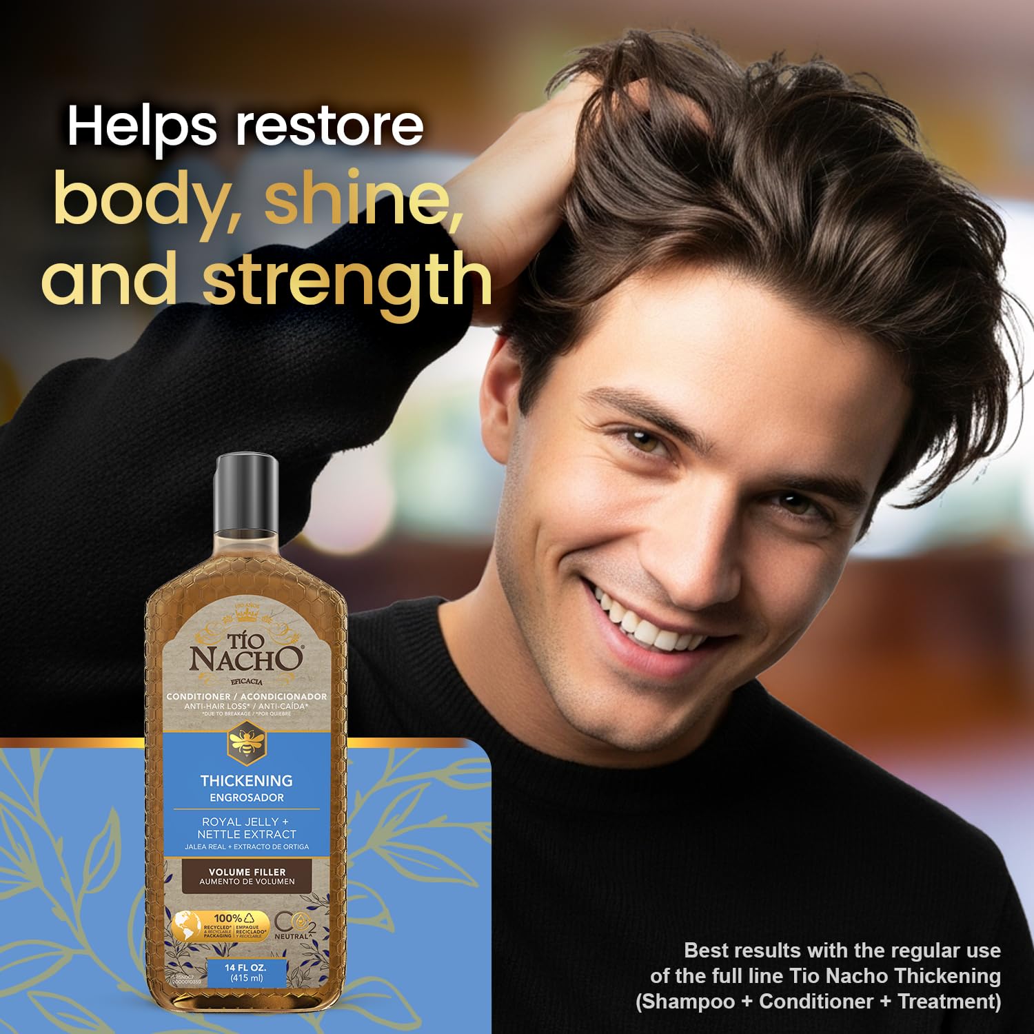 Tio Nacho royal jelly amber jar highlights premium conditioning ingredients