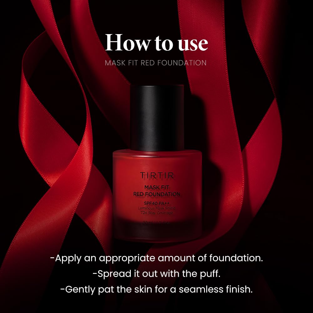 TIRTIR Mask Fit Red Foundation bottle with swatch demonstrates long-lasting radiance.