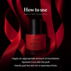 TIRTIR Mask Fit Red Foundation bottle with swatch demonstrates long-lasting radiance.