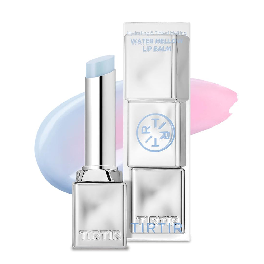TIRTIR Water Mellow Lip Balm icy blue pack shot shows a compact bottle for on-the-go hydration.