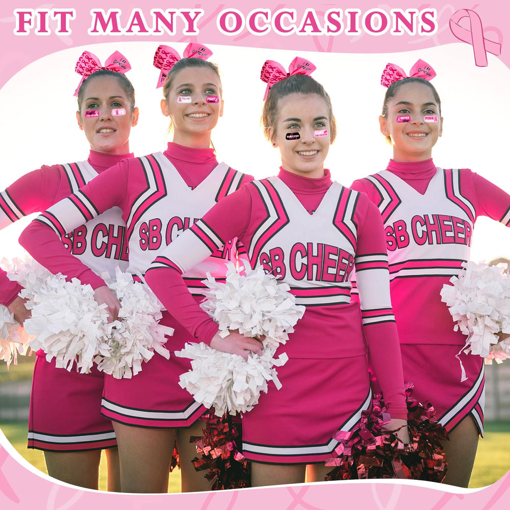 Tisancy cheering team gear display with oversized pink bows for group styling.