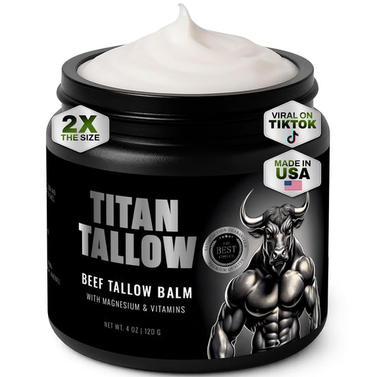 Titan Tallow face balm jar displaying clean, all-in-one hydration for daily skincare.