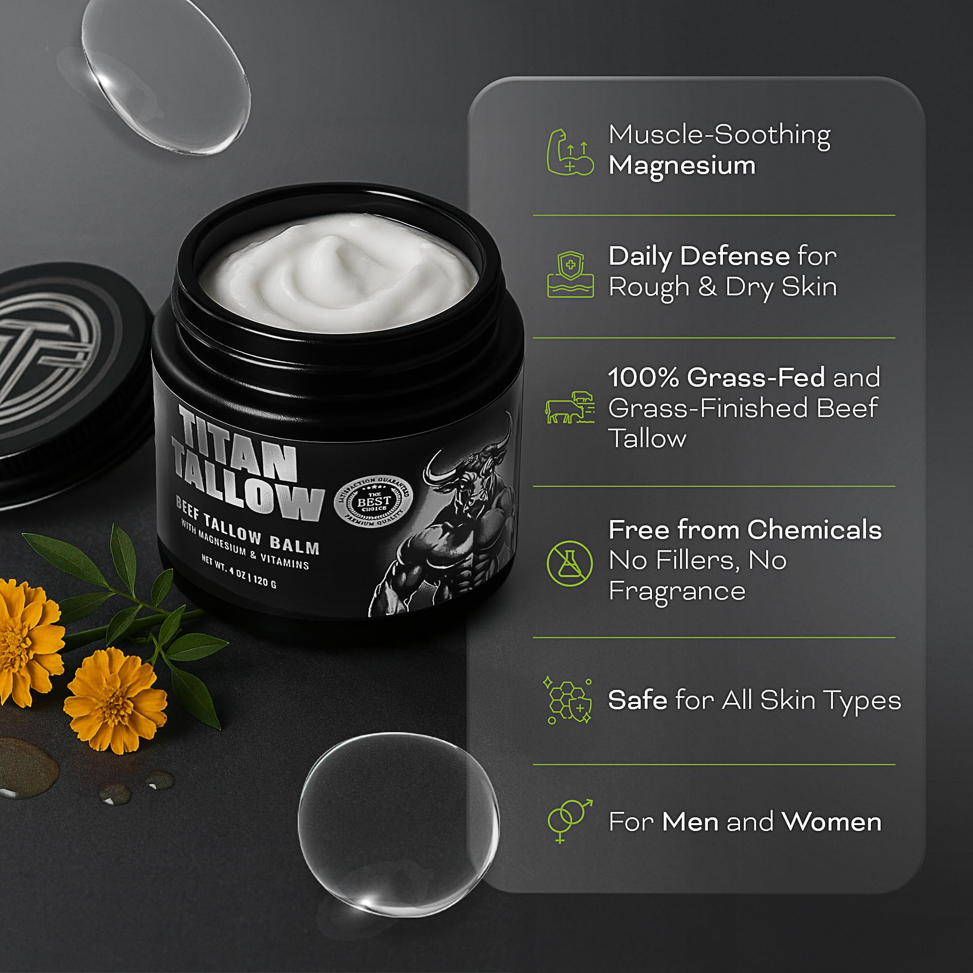 Titan Tallow fragrance-free-label indicating safety for sensitive skin.