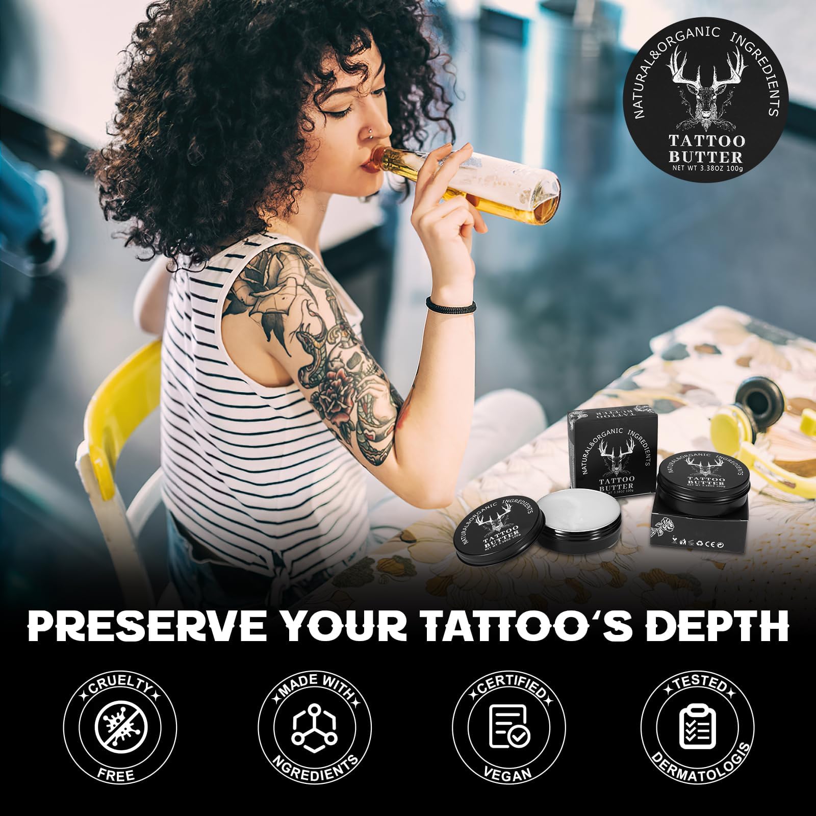 TIUSUTA tattoo-balm ingredients with aloe vera and argan oil for care.