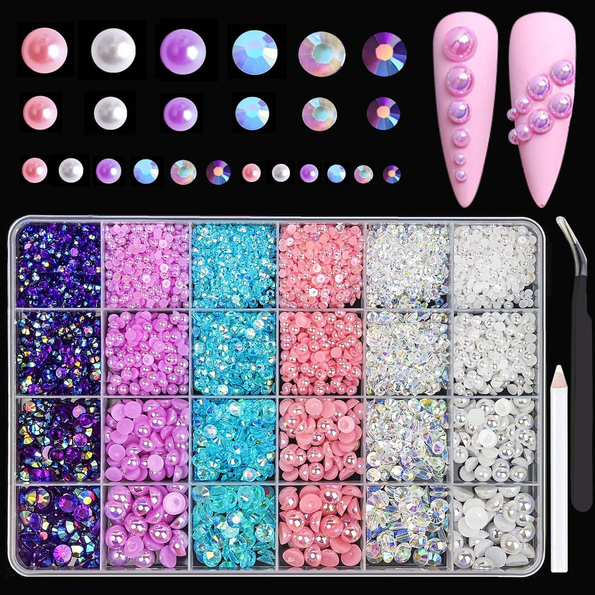 Tiwnefua 24Grid blue flatback pearls and rhinestones add subtle sparkle to nails.