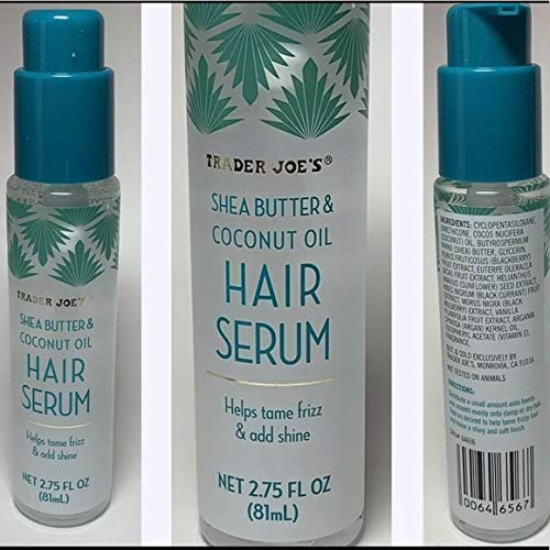 Close-up of TJ's Trader Joe's Hair Serum bottle on hair, implying silky finish and light nourishment