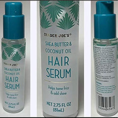 Close-up of TJ's Trader Joe's Hair Serum bottle on hair, implying silky finish and light nourishment