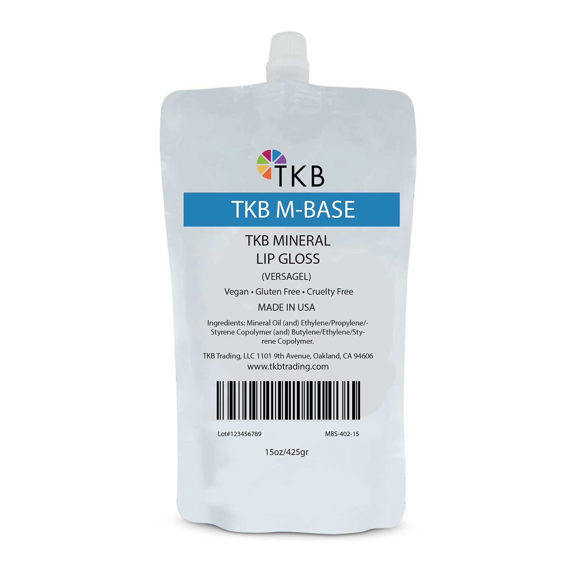 TKB Mineral Lip Gloss M-Base bottle pour shows a crystal-clear base for easy gloss creation.