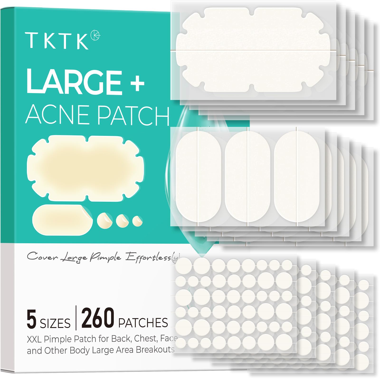 TKTK XXL body patches pack cover showing five sizes for versatile acne care