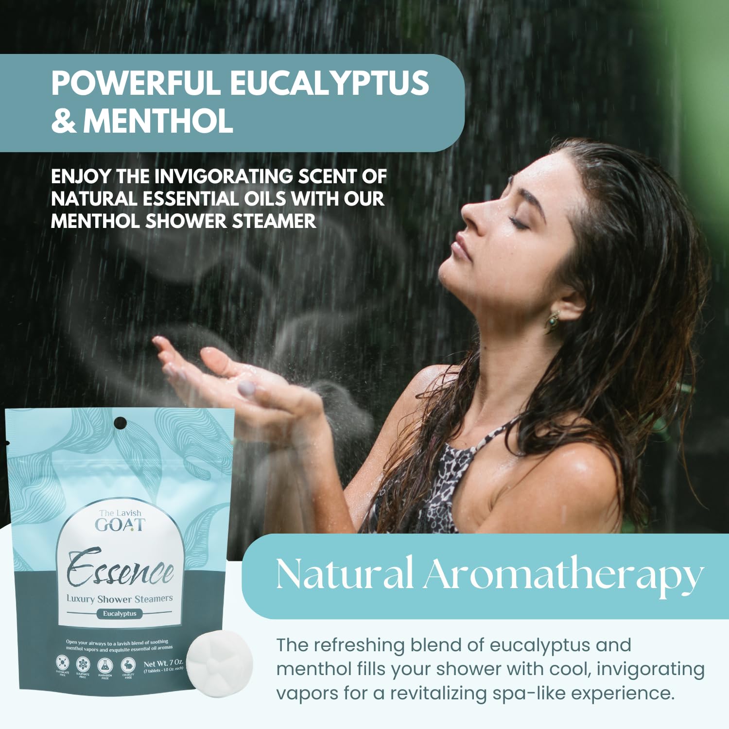 Water-activated shower fizzies releasing steam-infused aromatics in your bathroom.