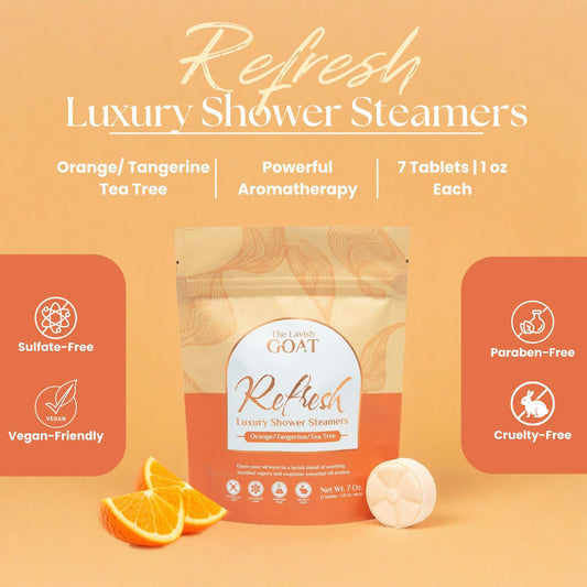 The Lavish Goat TLG Refresh orange-tea-tree shower steamer with menthol for a cooling, revitalizing breath