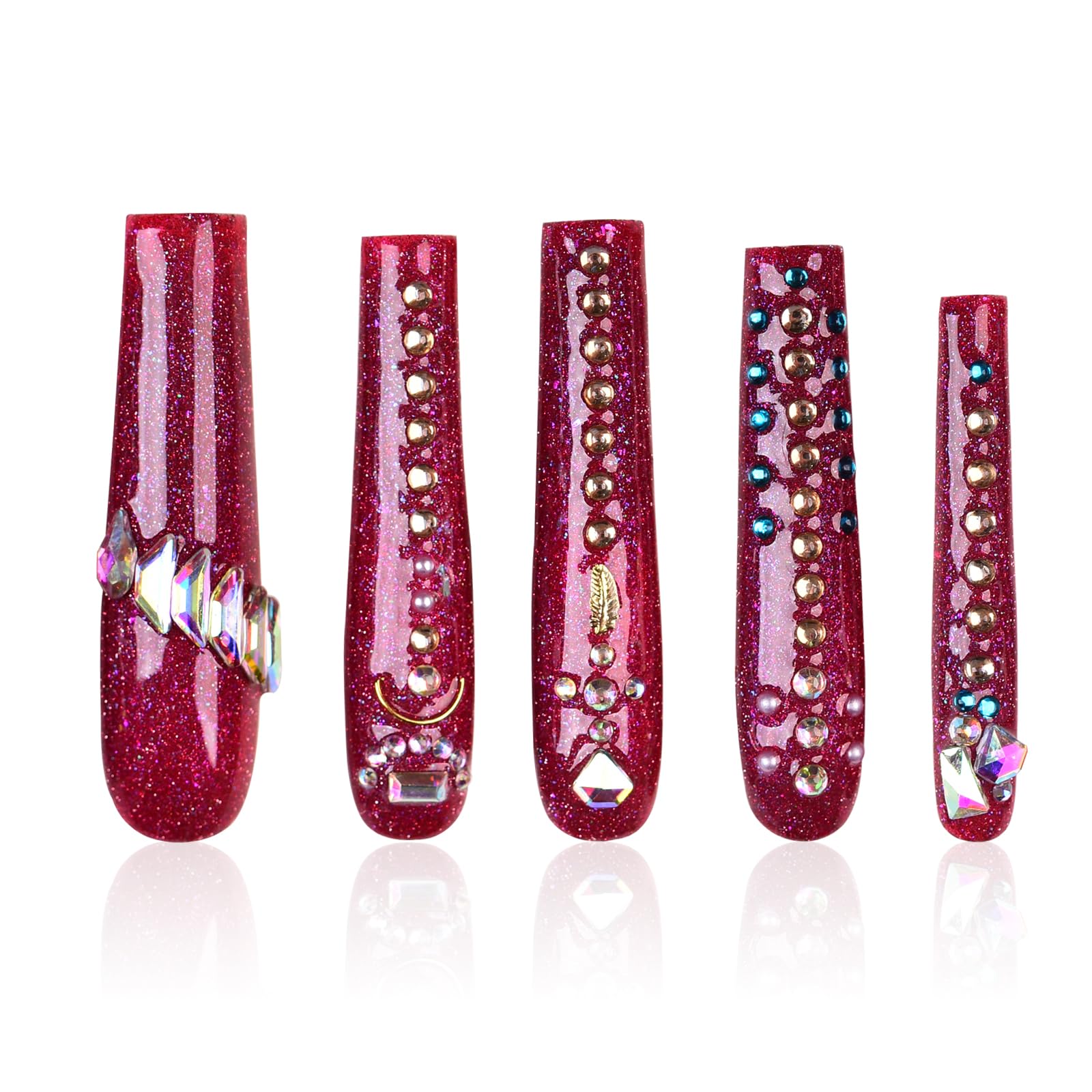 Tmani 10pc long square press-on nails with crystal glitter for a bold look.