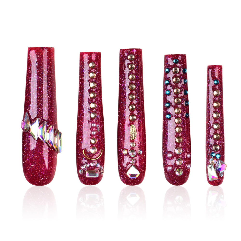 Tmani 10pc long square press-on nails with crystal glitter for a bold look.