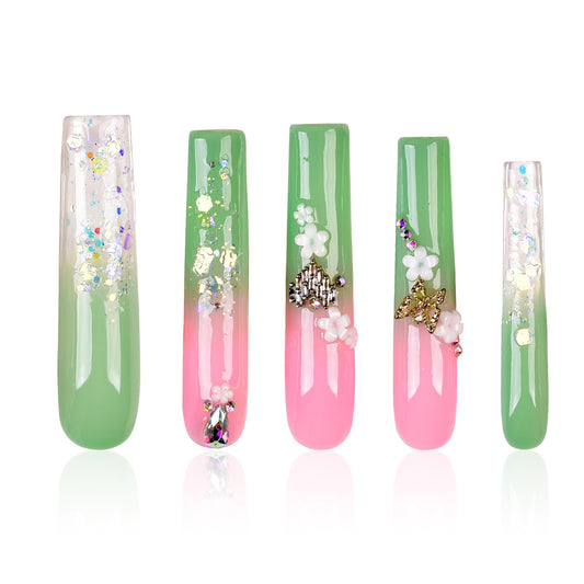 Tmani 10pc press-on nails in long square shape with crystal glitter for party glam.