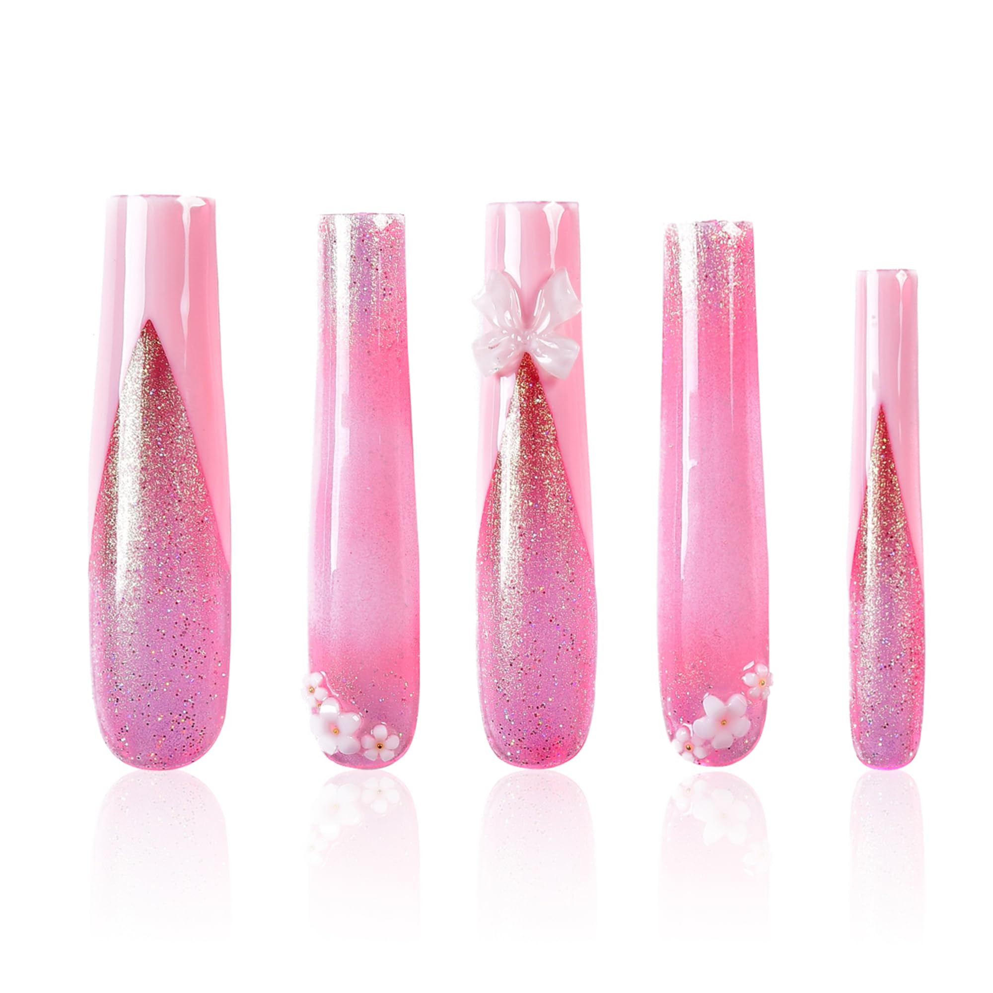 Tmani extra-long ballet-square nails with crystal glitter for a party-ready look.