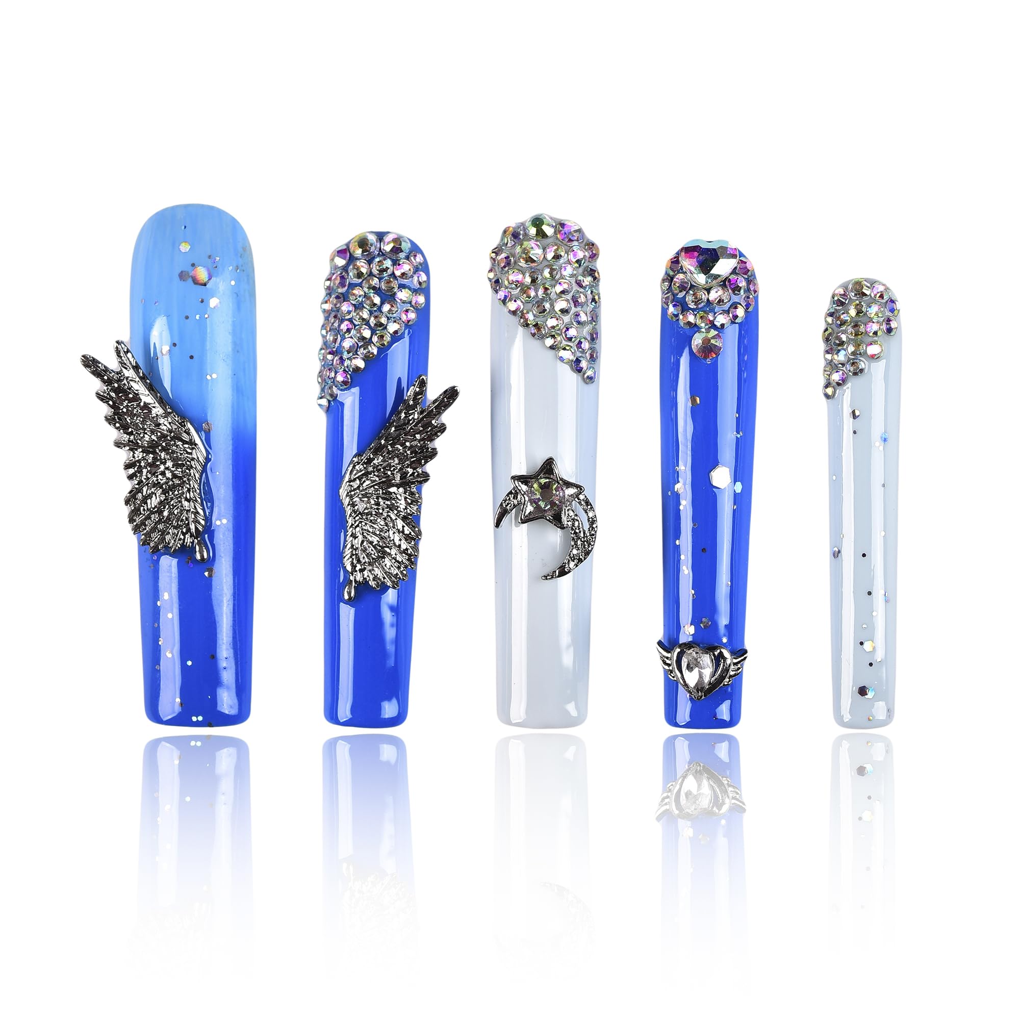 Tmani extra-long nails with crystal decor for a glamorous party-ready look.