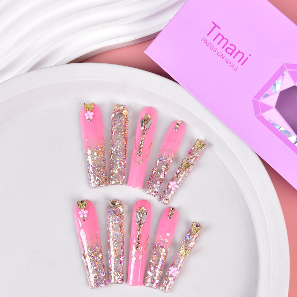 Tmani long square nails with diamond glitter detail for glamorous events.