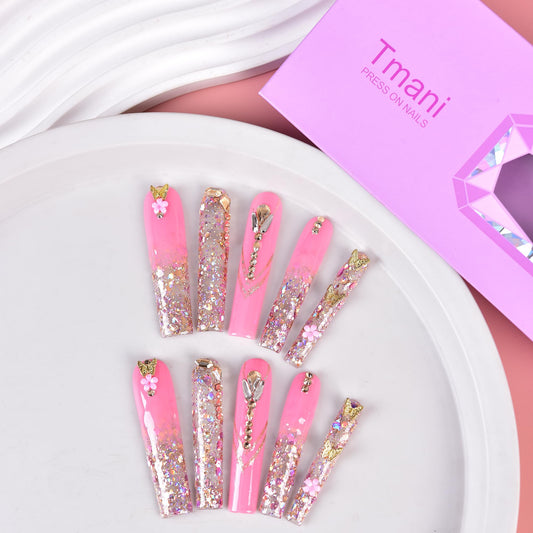 Tmani long square nails with diamond glitter detail for glamorous events.