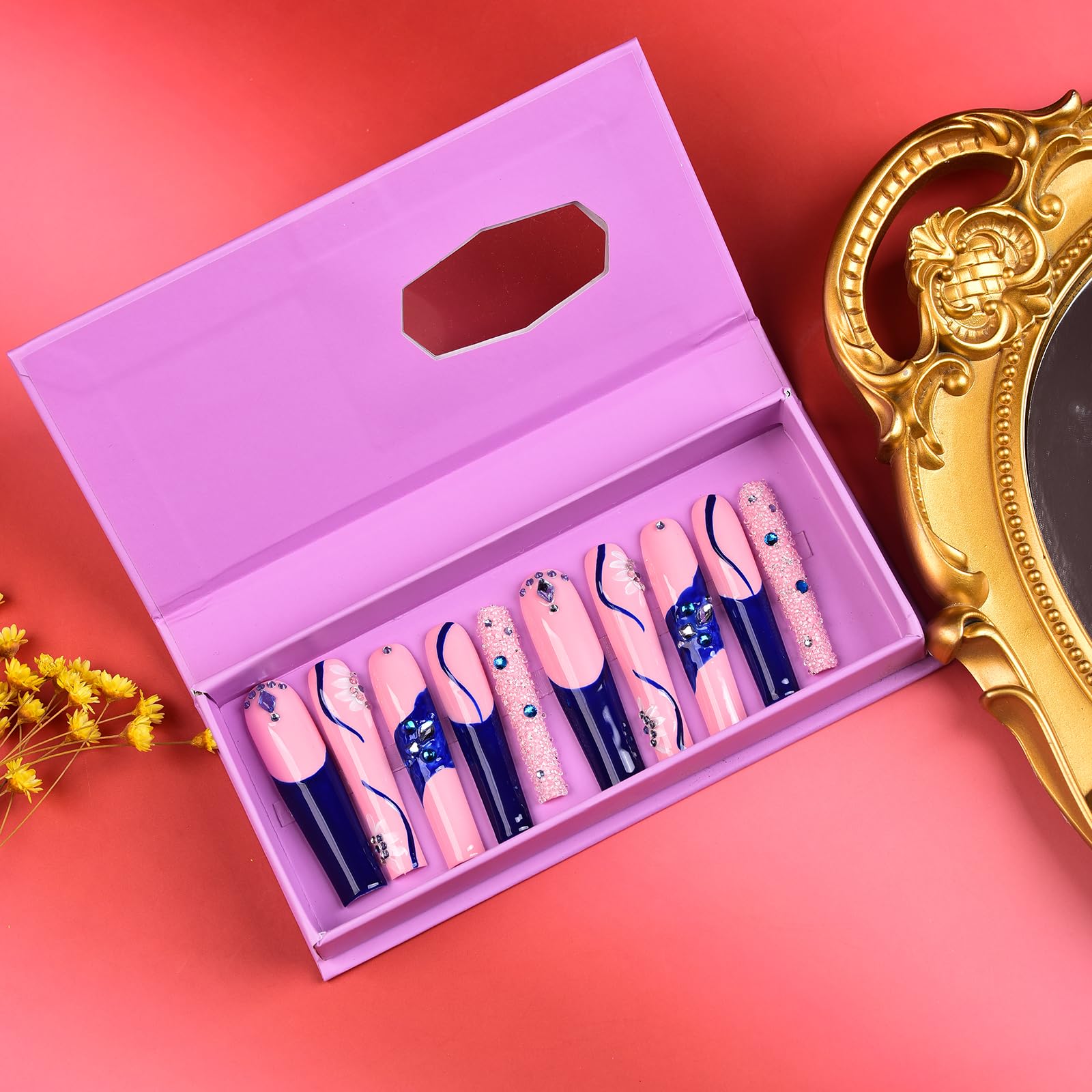 Tmani square nails with 5.5 cm length feature glitter accents for a bold style.