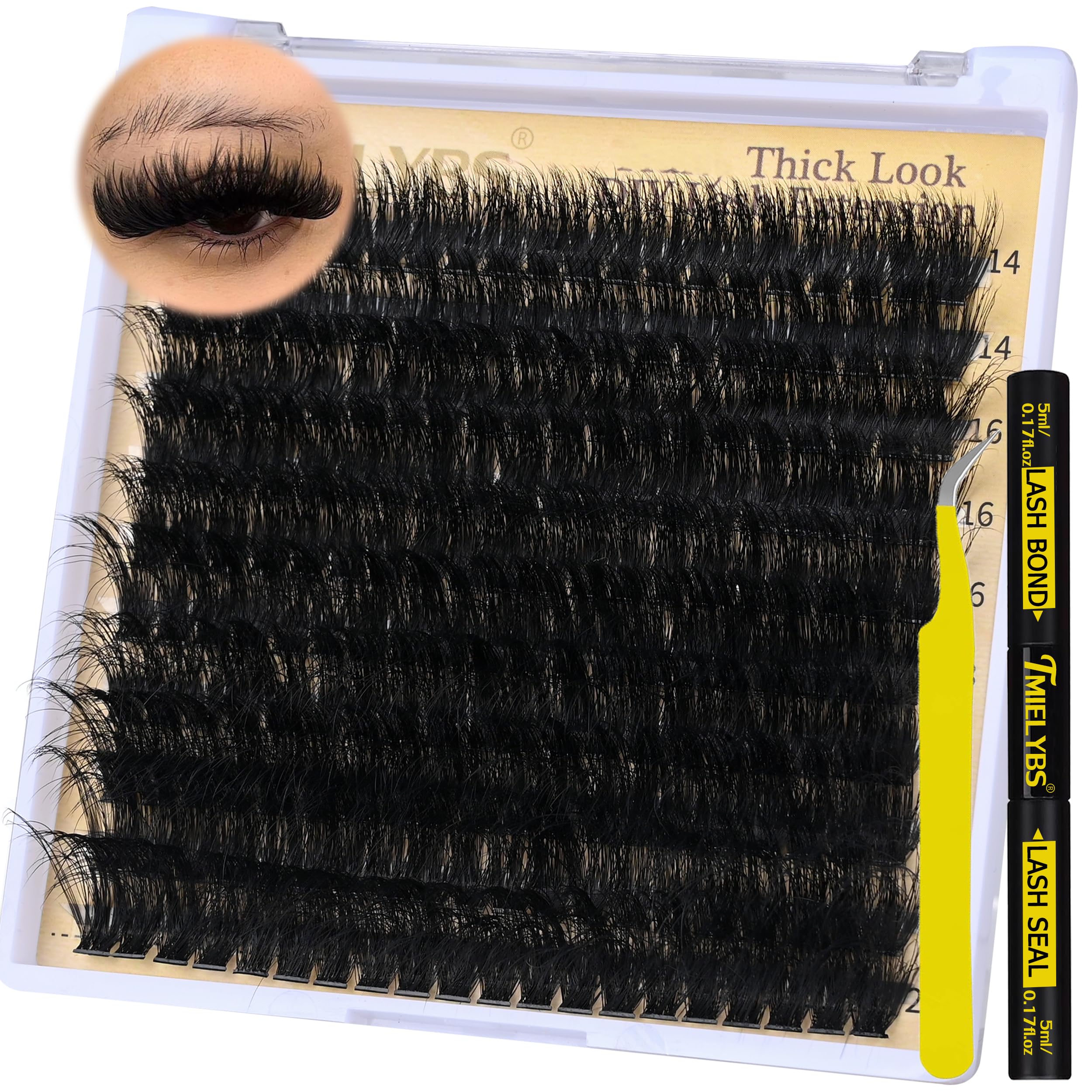 TMIELYBS Thick Lash Clusters Kit with 200 clusters and bond & seal for at-home use.