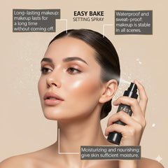 Close-up of TMIYO Easy Bake Setting Spray delivering up to 16 hours of makeup hold.