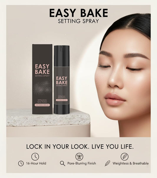 TMIYO Easy Bake Setting Spray mist demonstrates even spray dispersion for flawless finish.