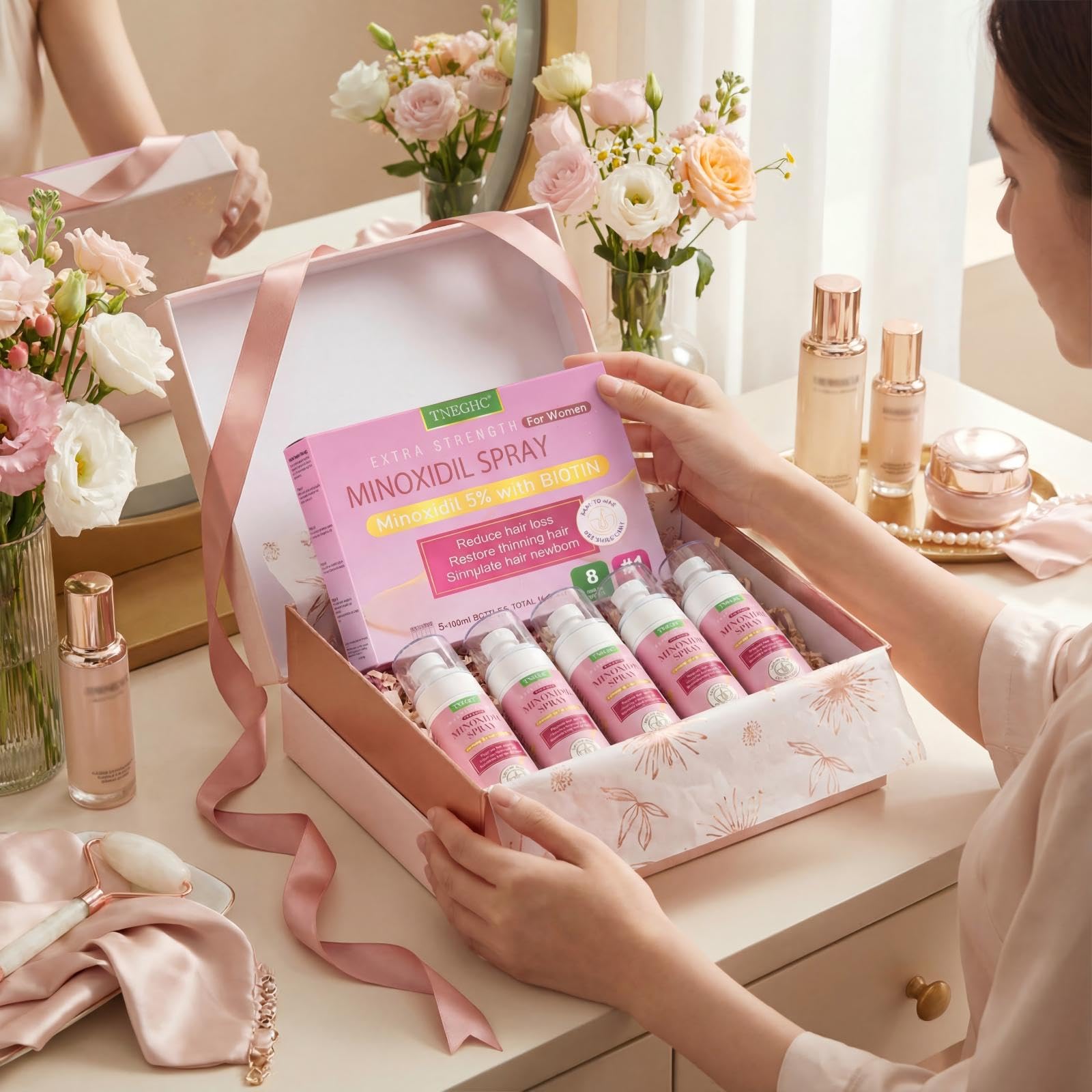 TNEGHC Minoxidil label highlights ingredients and quick-absorb formula benefits.