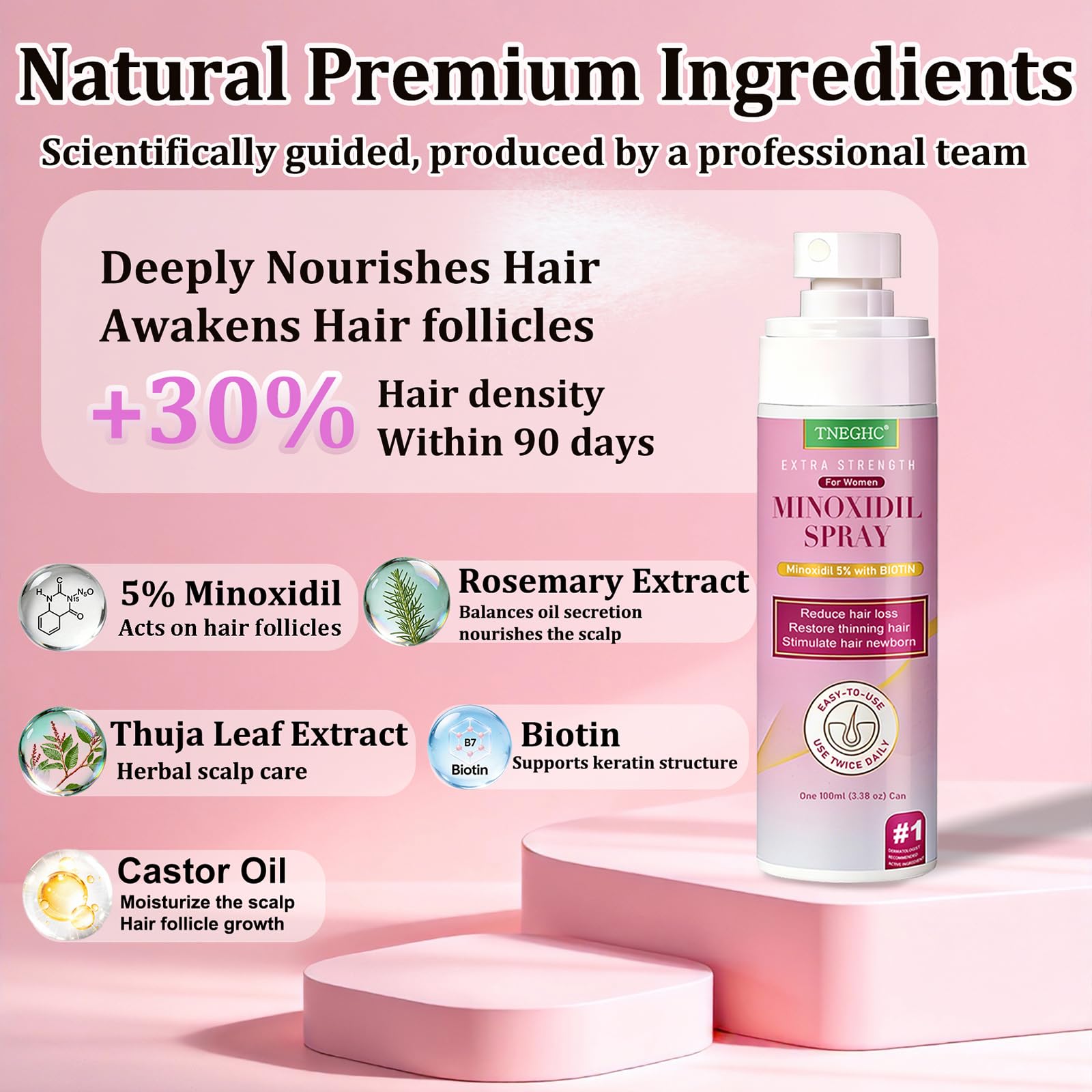 TNEGHC Minoxidil spray applied on scalp for even coverage and potential hair regrowth support.