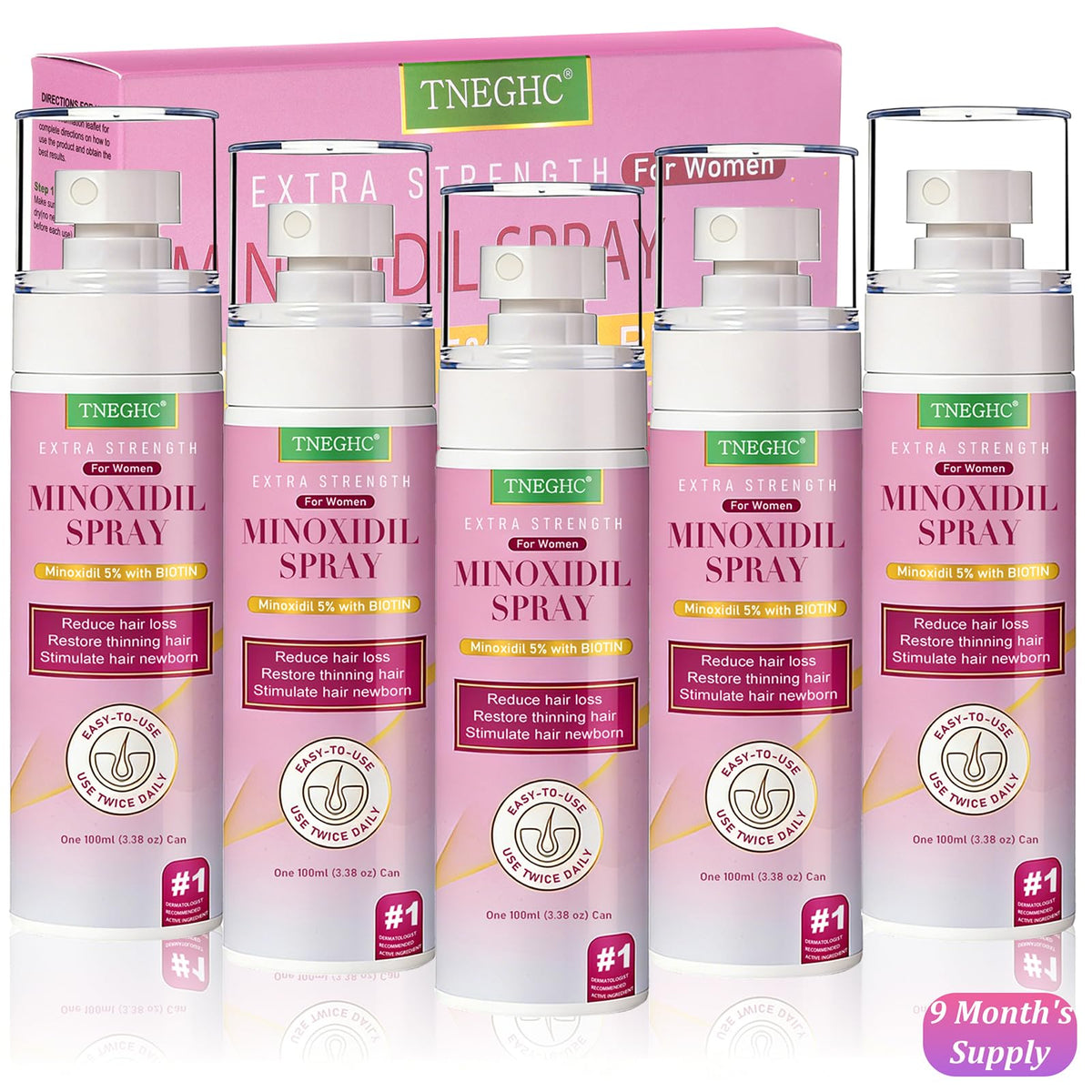TNEGHC Minoxidil spray bottle ready for quick daily scalp application to support thinning hair.