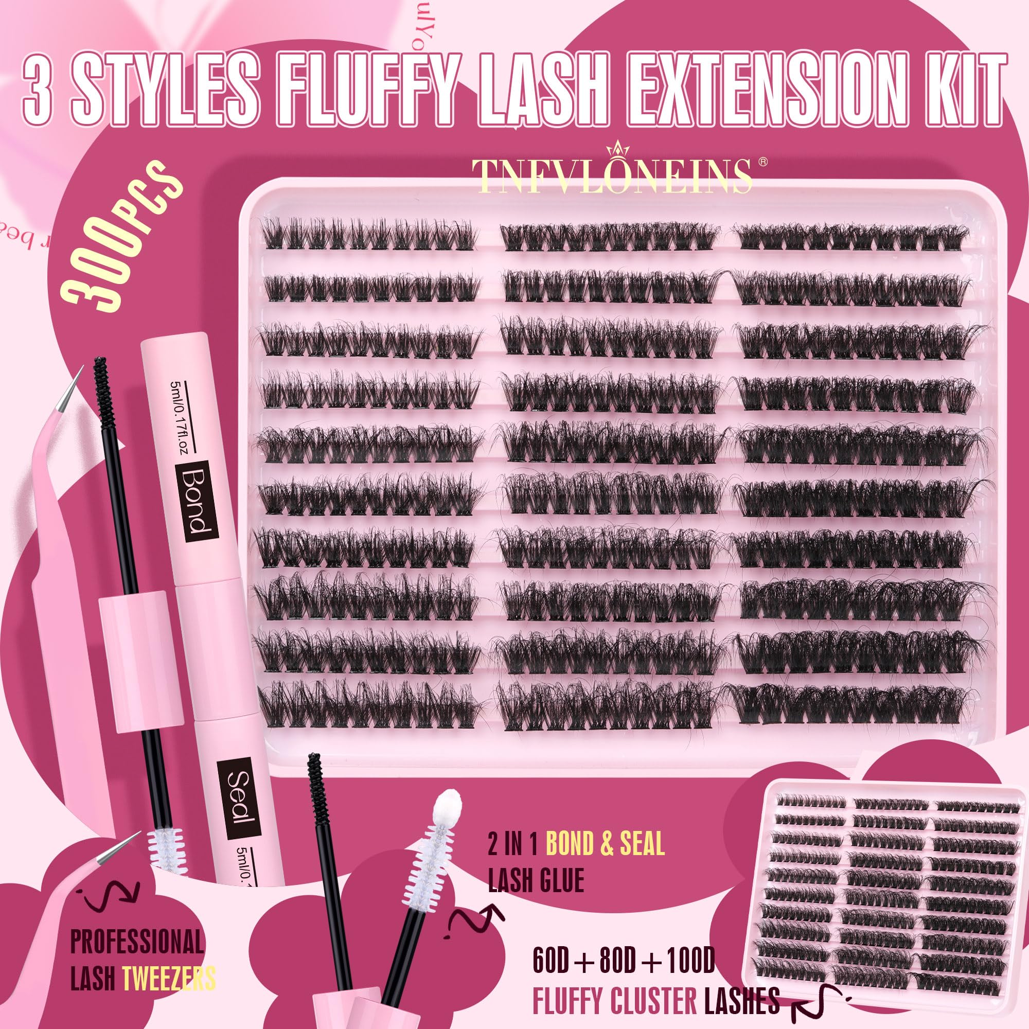 TNFVLONEINS fluffy lash clusters 80D close-up for fuller volume and comfortable wear.