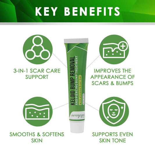Tobcharm Advanced Keloid Scar Gel bottle closeup highlights silicone formula for scar care