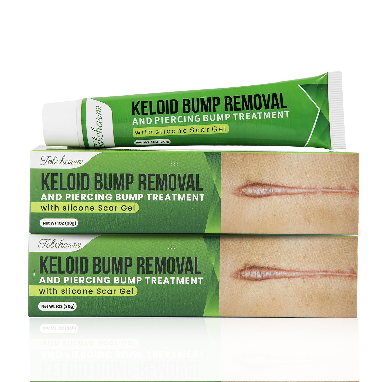 Tobcharm Advanced Keloid Scar Gel two-pack box shows convenient daily scar care option