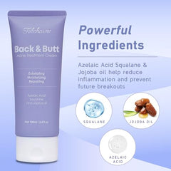 Tobcharm back acne cream being applied to clear pores