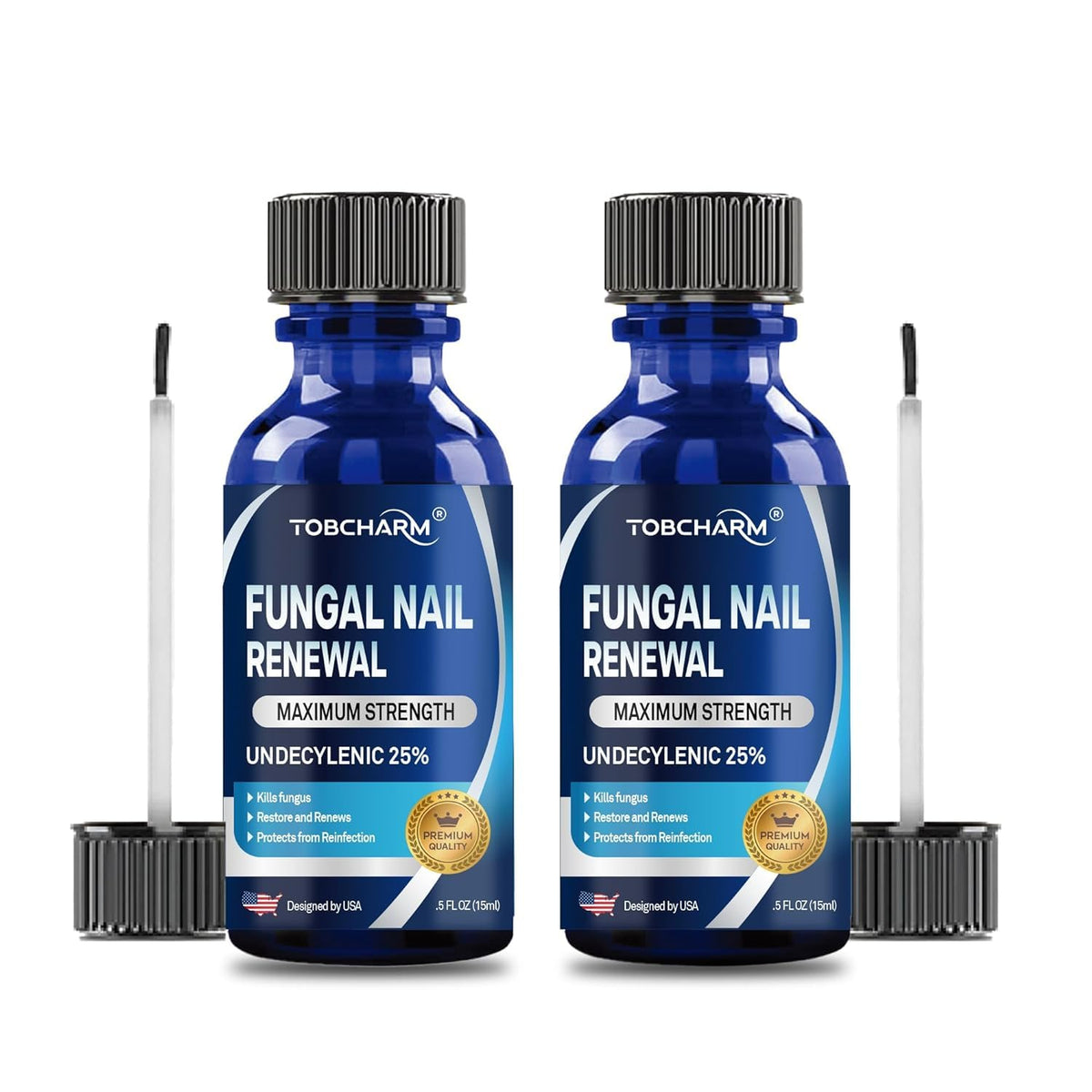 Tobcharm toenail fungus treatment bottle front with 25% undecylenic acid.