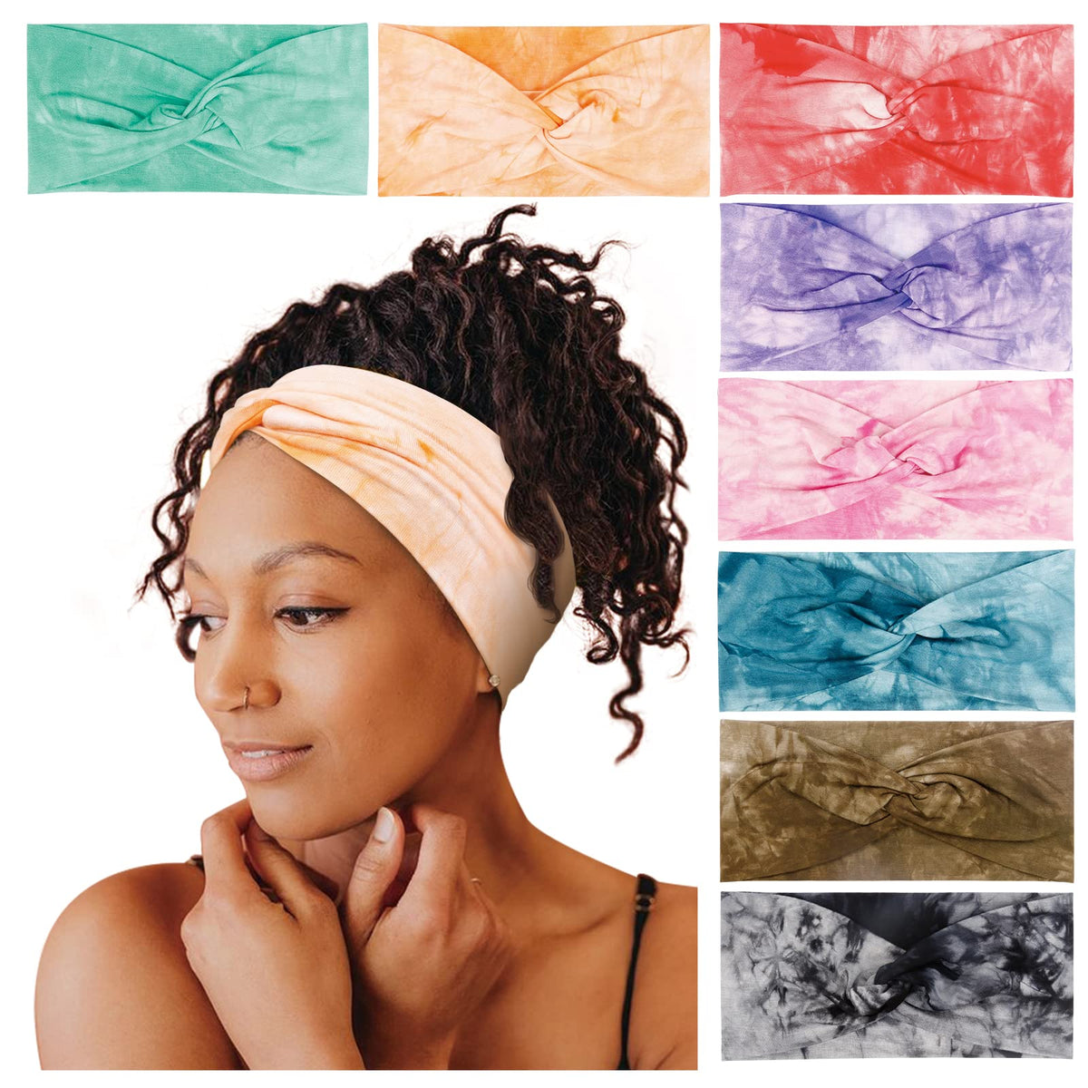 Tobeffect turban headbands eight-pack in tie-dye colors for vibrant outfits and all-day hair control.