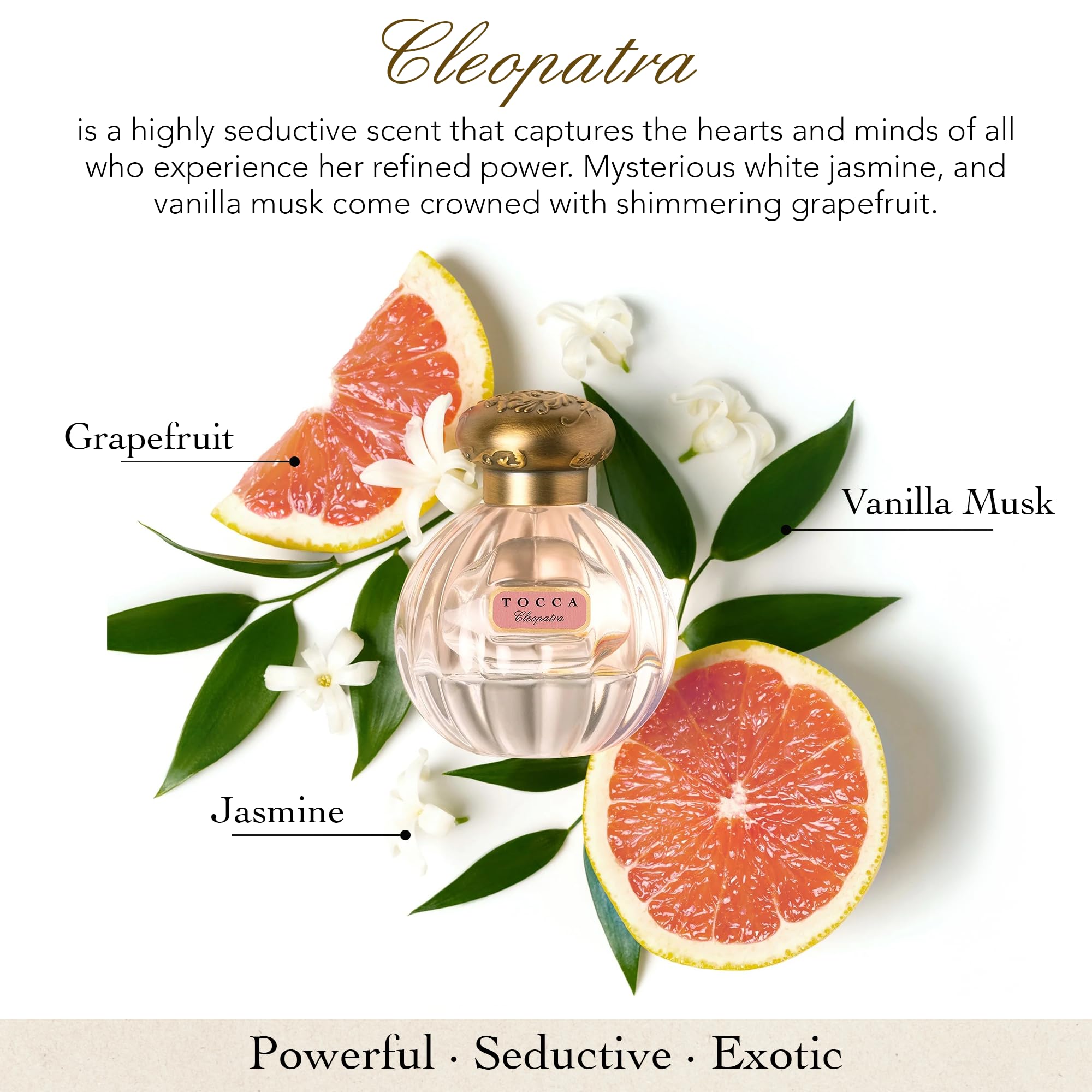 TOCCA Cleopatra 100ml bottle shown, long-lasting warm floral scent.