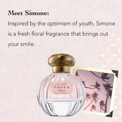 Tocca Simone bottle label details convey luxury branding and timeless appeal.