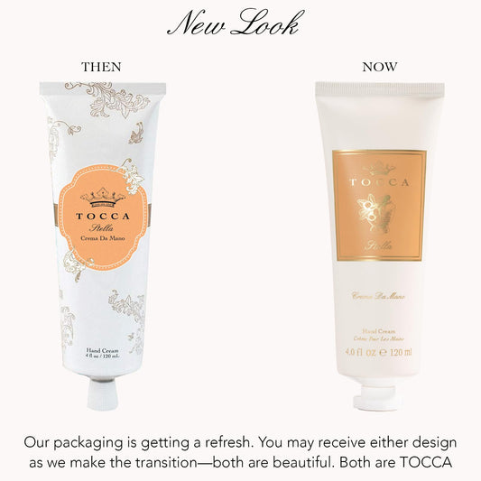TOCCA Stella hand cream applying texture demonstrates quick absorption on skin.