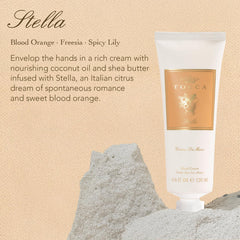 TOCCA Stella hand cream texture closeup highlights rich, silky formula.