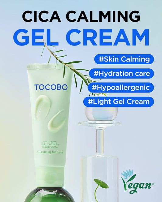 TOCOBO Cica Calming Gel Cream swirl texture shows quick-absorbing hydration.
