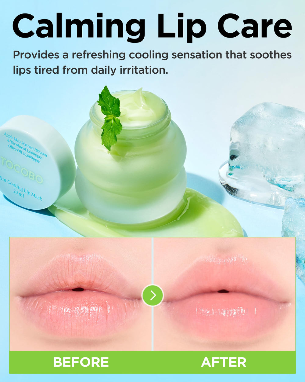 TOCOBO Mint Cooling Lip Mask spatula application shows easy nightly layering.