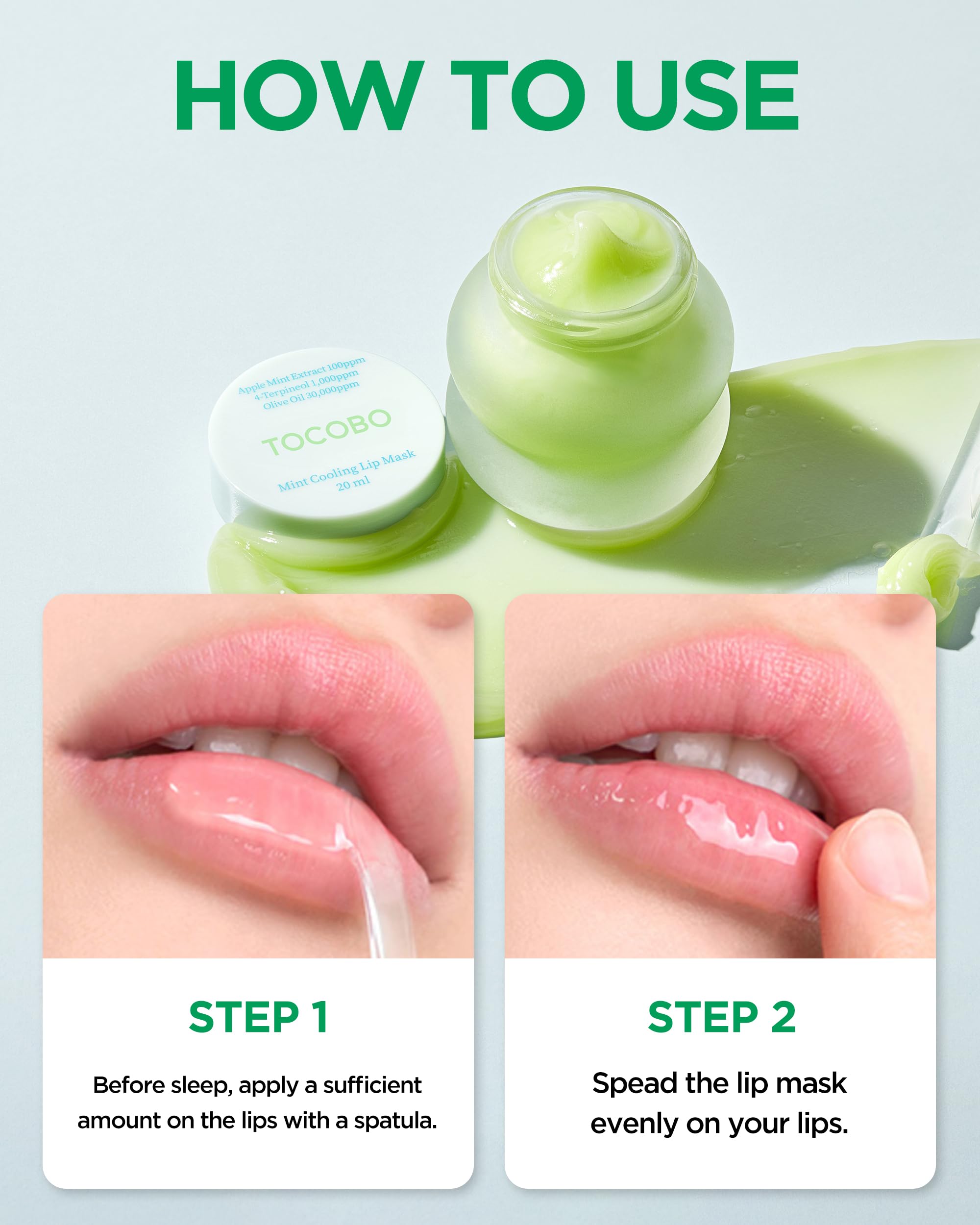 TOCOBO Mint Cooling Lip Mask texture swatch demonstrates non-sticky soothing balm.