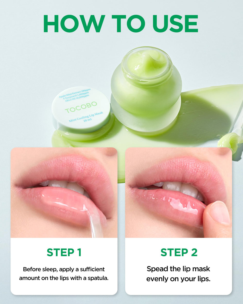 TOCOBO Mint Cooling Lip Mask texture swatch demonstrates non-sticky soothing balm.