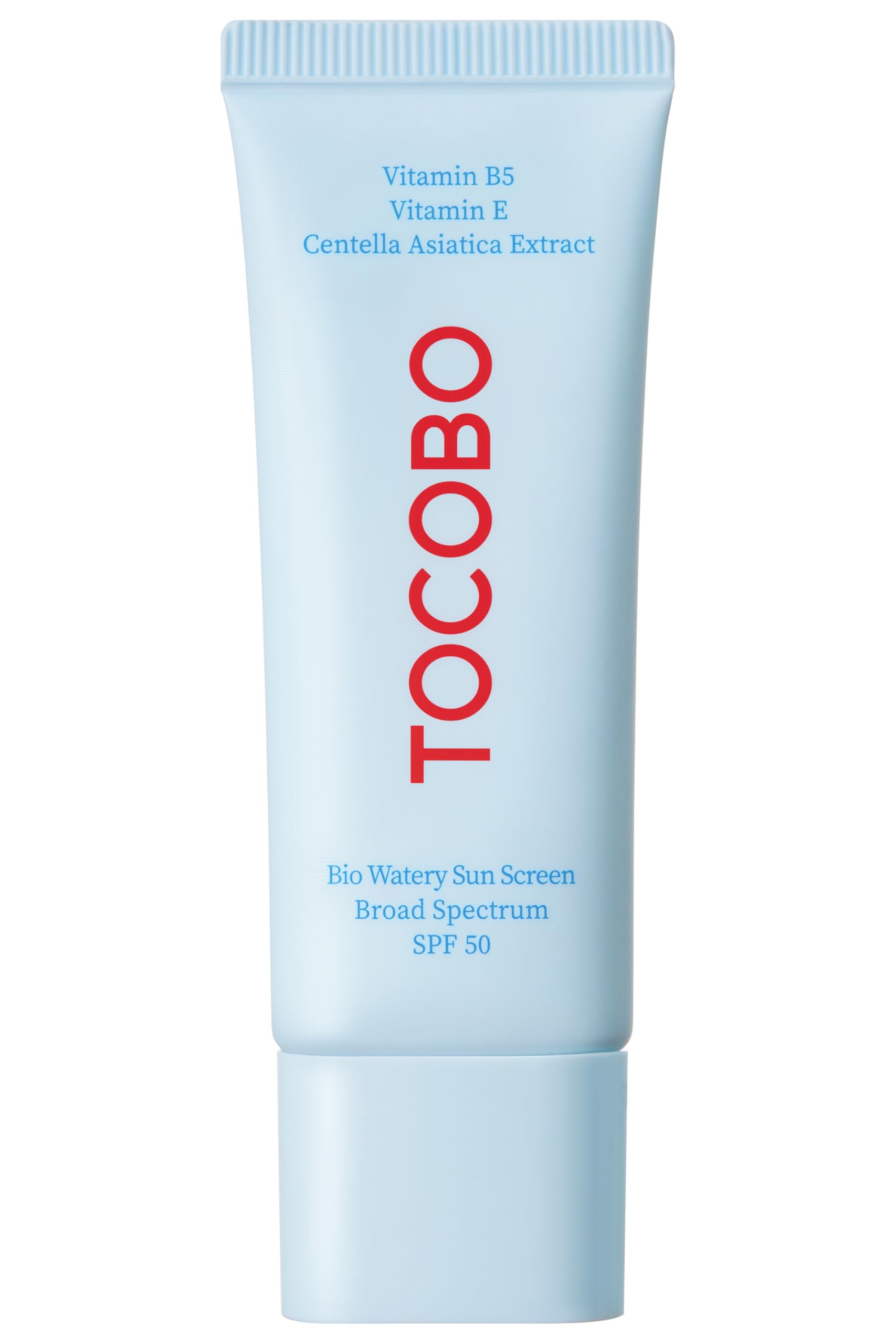 TOCOBO US Bio Watery Sunscreen SPF 50 bottle front, lightweight hydration for daily wear