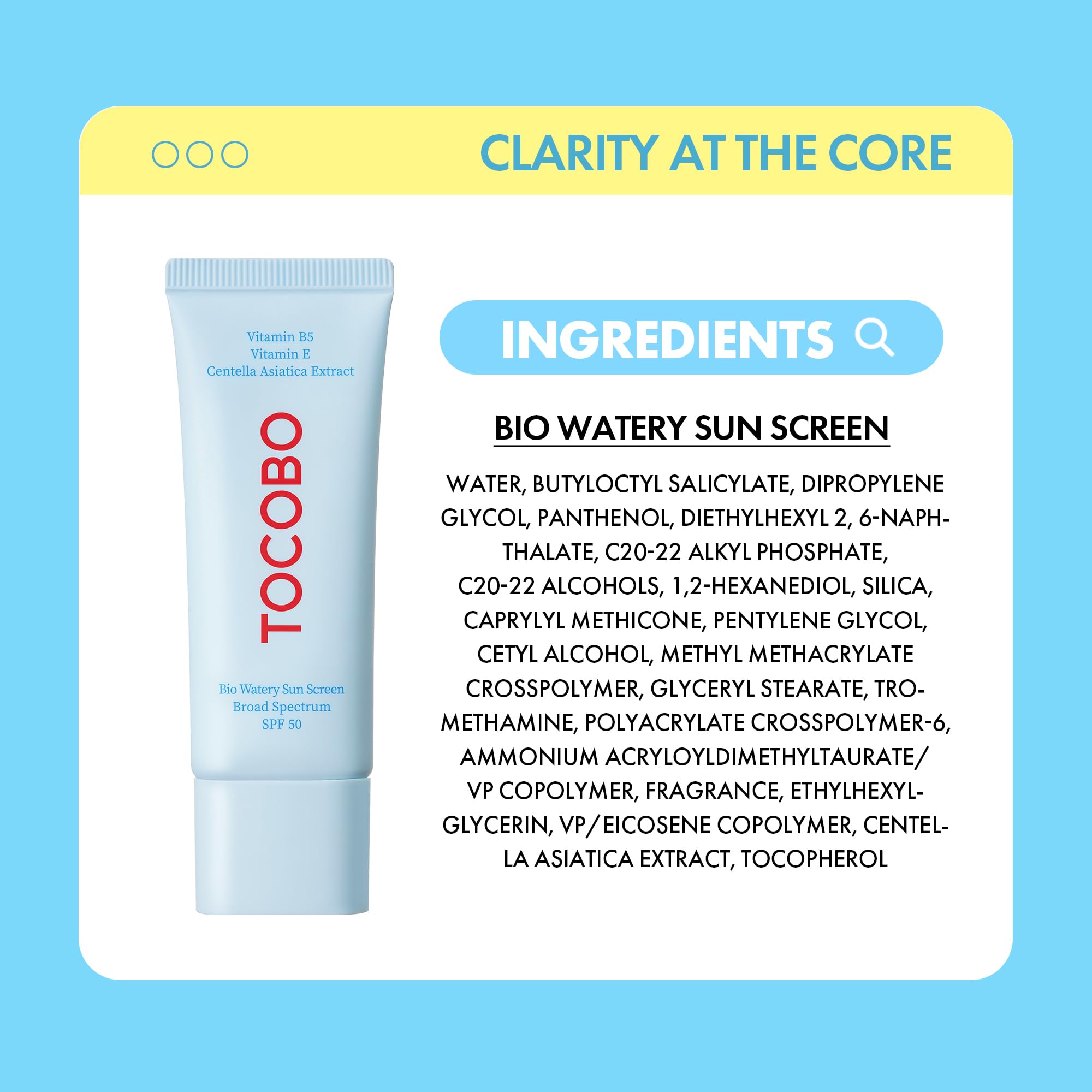 TOCOBO US Bio Watery Sunscreen SPF 50 fragrance-free formula, safe daily use