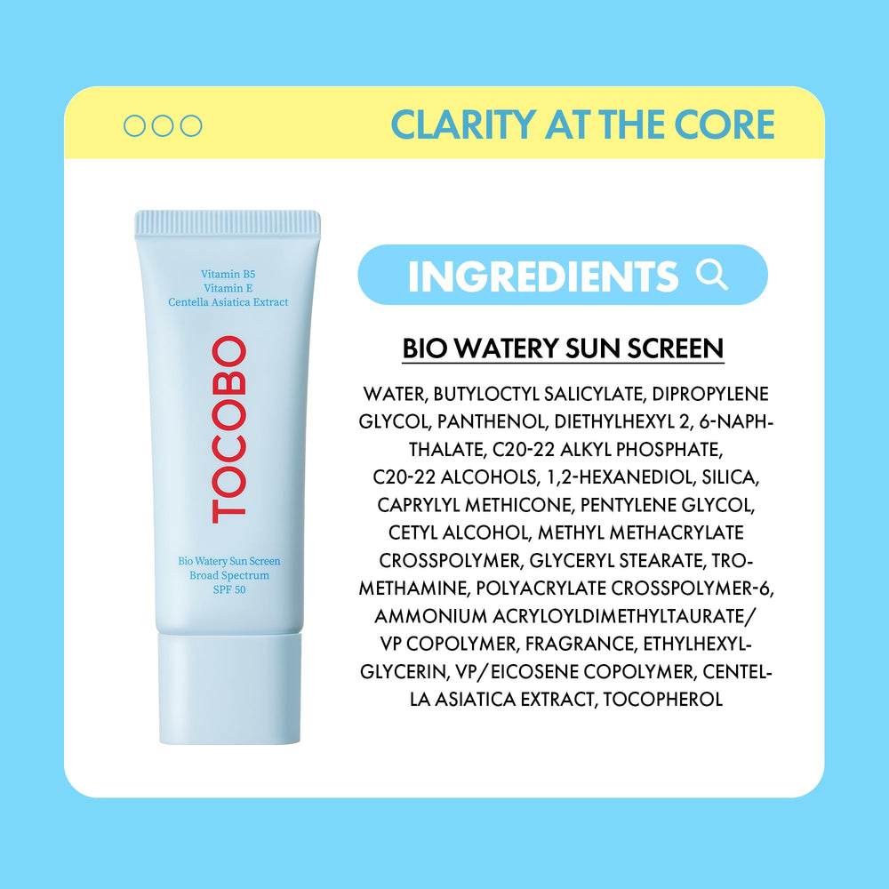 TOCOBO US Bio Watery Sunscreen SPF 50 fragrance-free formula, safe daily use