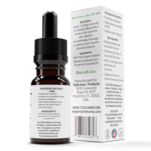 TODICAMP Manuka Oil glass bottle with label emphasizes organic, cold-pressed quality